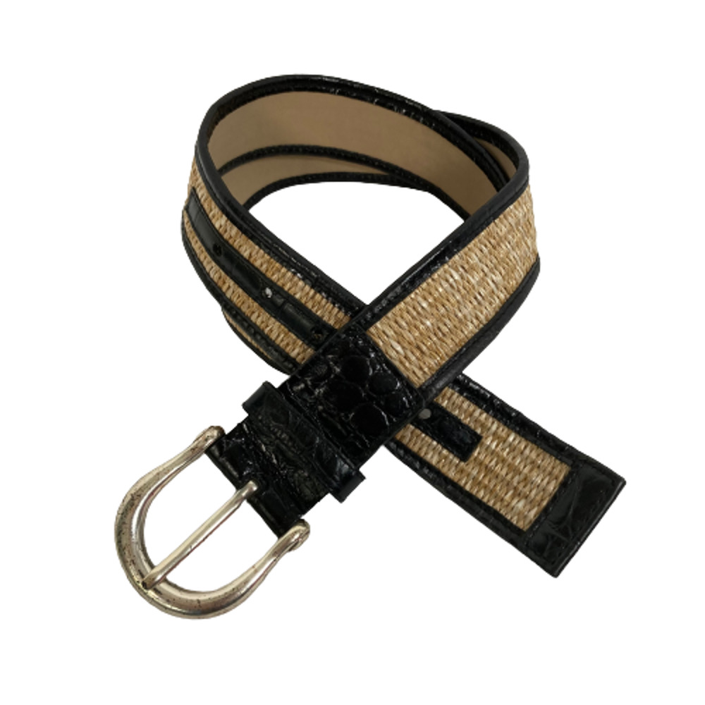 Calvin Klein Belt Womens Sz L Patent Alligator Leather Brown Woven Beige